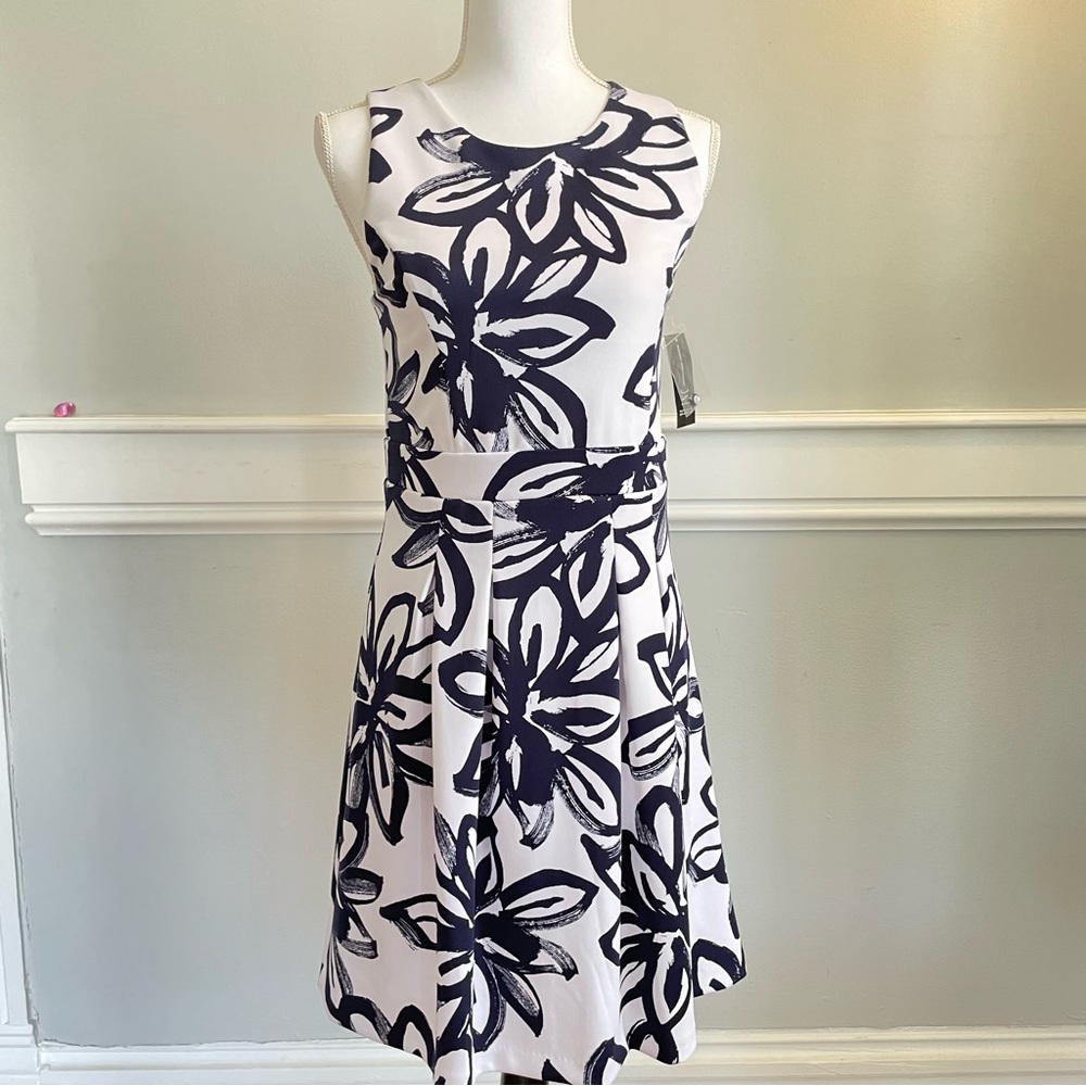 INC International Concepts White Midi Dress with Navy Floral Print
